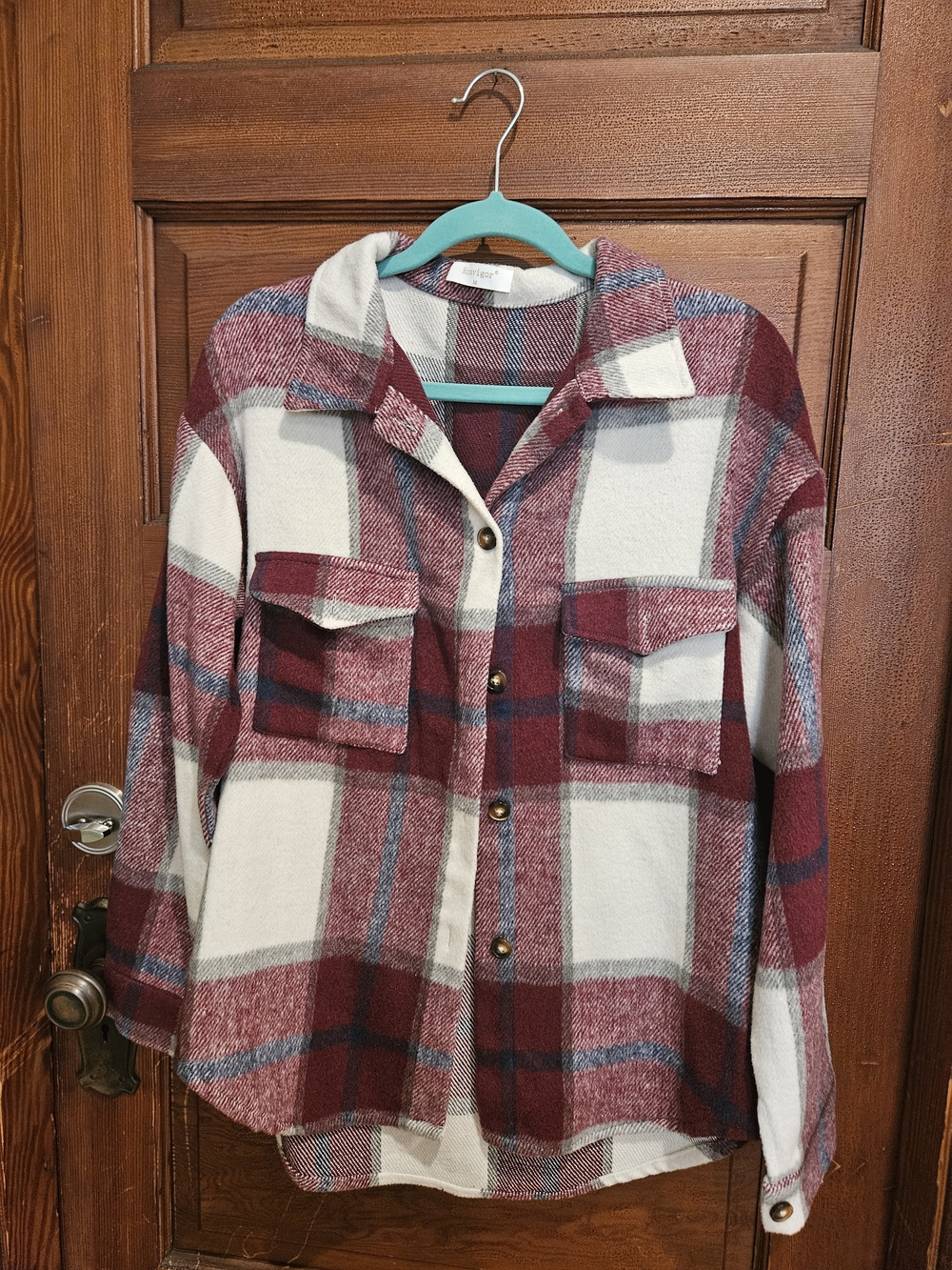 Plaid Button-Down Shirt Jacket in Burgundy and Cream